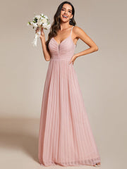 Glittering Pleated Spaghetti Straps Evening Dress with Empire Waist