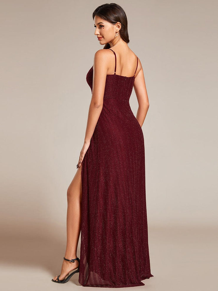 Sparkling High Slit Sleeveless V-Neck Evening Dress with Pleating