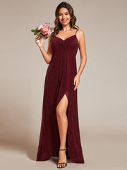 Sparkling High Slit Sleeveless V-Neck Evening Dress with Pleating