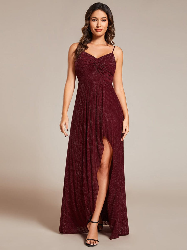 Sparkling High Slit Sleeveless V-Neck Evening Dress with Pleating