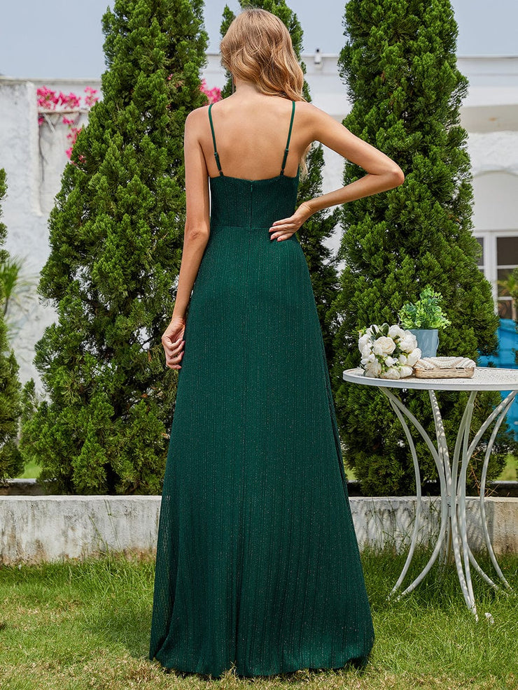 Sparkling High Slit Sleeveless V-Neck Evening Dress with Pleating