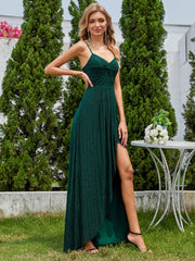 Sparkling High Slit Sleeveless V-Neck Evening Dress with Pleating