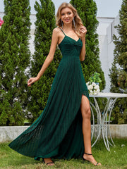 Sparkling High Slit Sleeveless V-Neck Evening Dress with Pleating