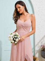 Sparkling High Slit Sleeveless V-Neck Evening Dress with Pleating