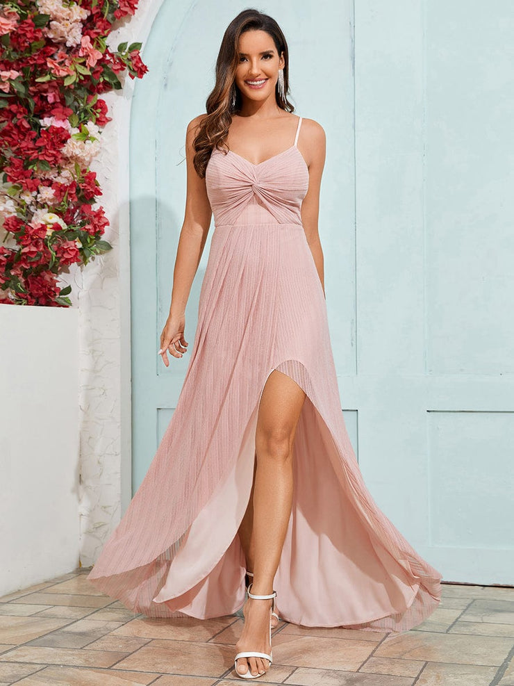 Sparkling High Slit Sleeveless V-Neck Evening Dress with Pleating