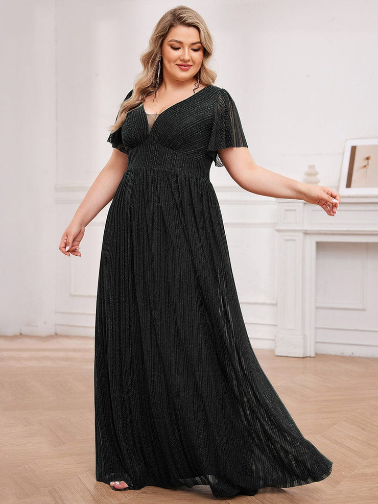 Glittery See-Through V-Neck Empire Waist Evening Dress with Short Sleeves