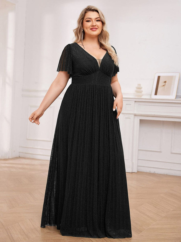 Glittery See-Through V-Neck Empire Waist Evening Dress with Short Sleeves