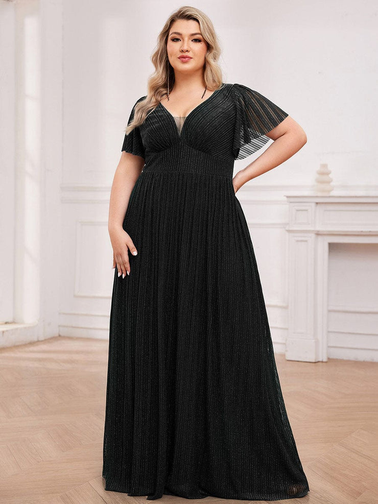 Glittery See-Through V-Neck Empire Waist Evening Dress with Short Sleeves