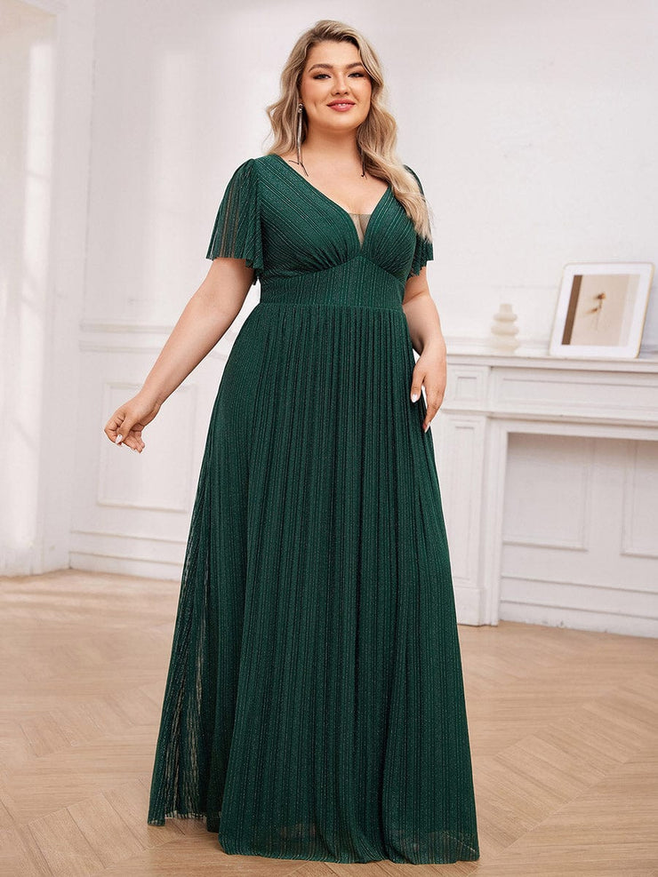 Glittery See-Through V-Neck Empire Waist Evening Dress with Short Sleeves