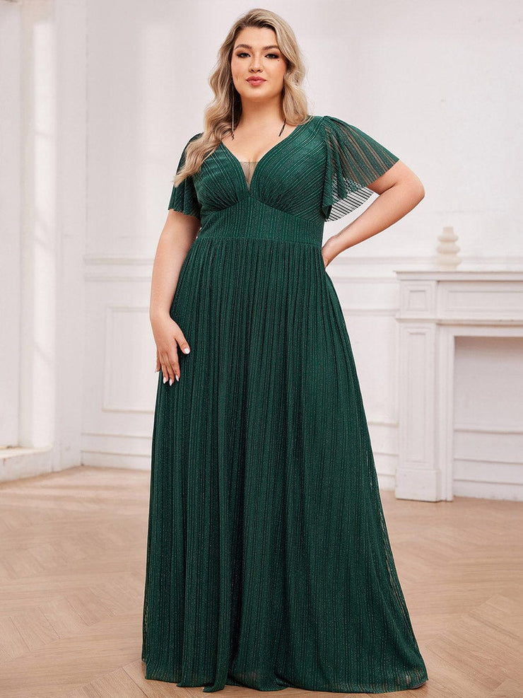 Glittery See-Through V-Neck Empire Waist Evening Dress with Short Sleeves