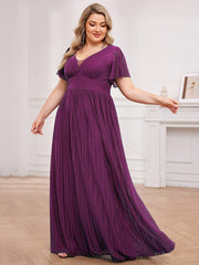 Glittery See-Through V-Neck Empire Waist Evening Dress with Short Sleeves