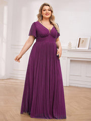 Glittery See-Through V-Neck Empire Waist Evening Dress with Short Sleeves