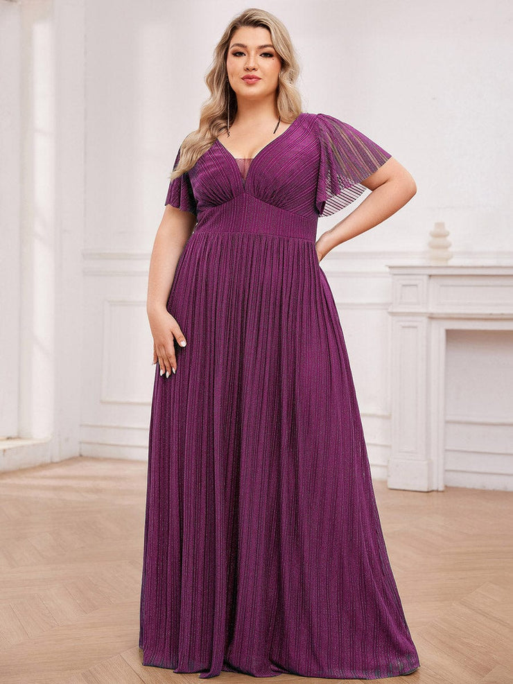 Glittery See-Through V-Neck Empire Waist Evening Dress with Short Sleeves