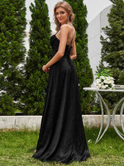 High Slit Cowl Neck Sequin Sleeveless Evening Dress