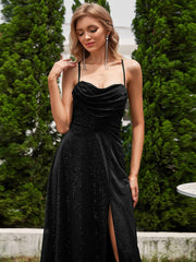 High Slit Cowl Neck Sequin Sleeveless Evening Dress