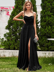 High Slit Cowl Neck Sequin Sleeveless Evening Dress