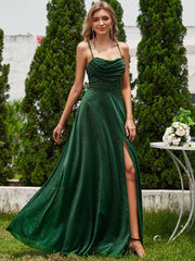 High Slit Cowl Neck Sequin Sleeveless Evening Dress