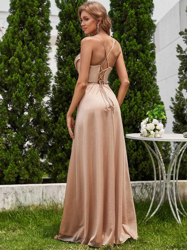 High Slit Cowl Neck Sequin Sleeveless Evening Dress