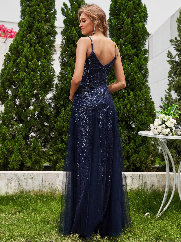 Sequined V-Neck Tulle Sleeveless Evening Dress with Empire Waist