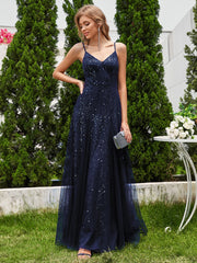 Sequined V-Neck Tulle Sleeveless Evening Dress with Empire Waist