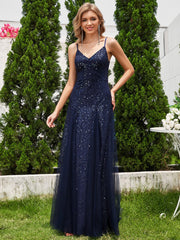 Sequined V-Neck Tulle Sleeveless Evening Dress with Empire Waist