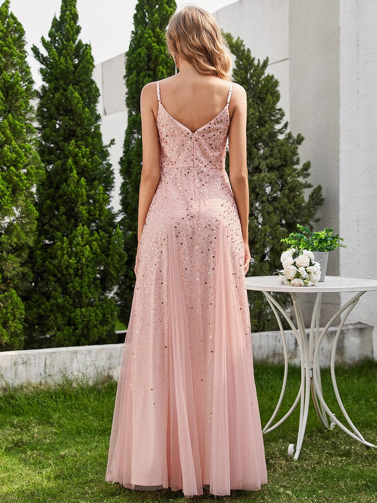 Sequined V-Neck Tulle Sleeveless Evening Dress with Empire Waist