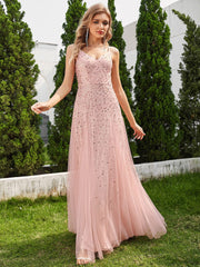 Sequined V-Neck Tulle Sleeveless Evening Dress with Empire Waist