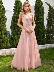 Sequined V-Neck Tulle Sleeveless Evening Dress with Empire Waist