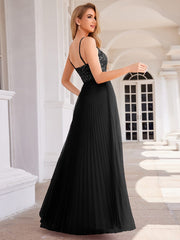 Sequined V-Neck Sleeveless Backless High-Waist Tulle Evening Dress