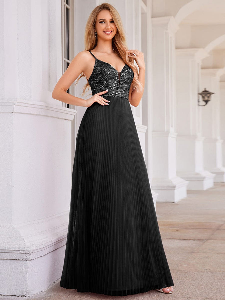 Sequined V-Neck Sleeveless Backless High-Waist Tulle Evening Dress