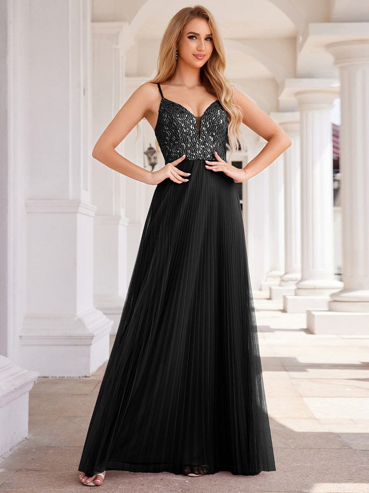 Sequined V-Neck Sleeveless Backless High-Waist Tulle Evening Dress