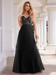 Sequined V-Neck Sleeveless Backless High-Waist Tulle Evening Dress