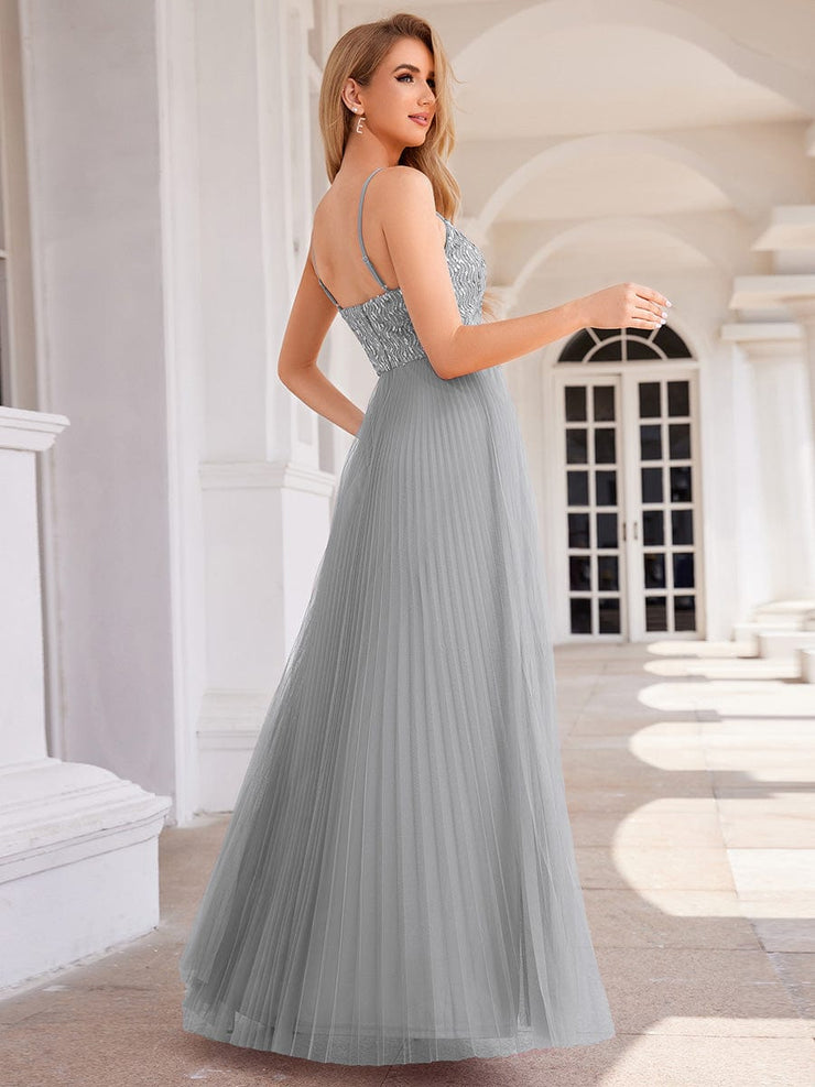 Sequined V-Neck Sleeveless Backless High-Waist Tulle Evening Dress