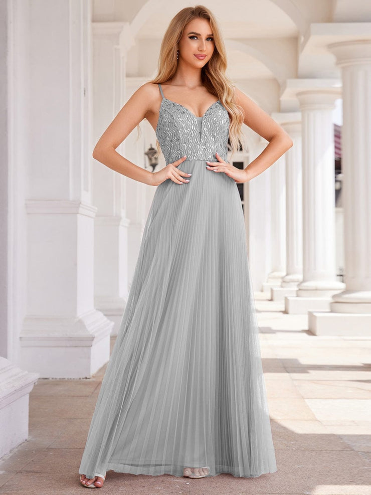 Sequined V-Neck Sleeveless Backless High-Waist Tulle Evening Dress