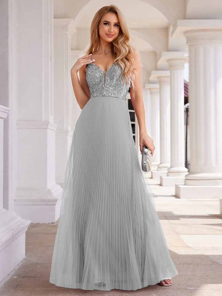 Sequined V-Neck Sleeveless Backless High-Waist Tulle Evening Dress