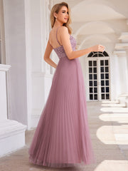 Sequined V-Neck Sleeveless Backless High-Waist Tulle Evening Dress