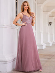 Sequined V-Neck Sleeveless Backless High-Waist Tulle Evening Dress