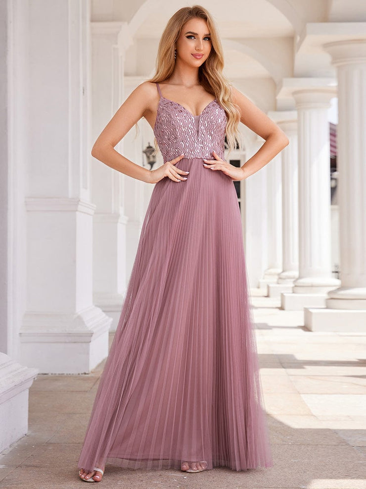 Sequined V-Neck Sleeveless Backless High-Waist Tulle Evening Dress