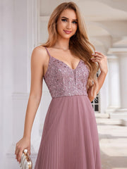 Sequined V-Neck Sleeveless Backless High-Waist Tulle Evening Dress