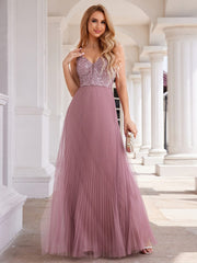 Sequined V-Neck Sleeveless Backless High-Waist Tulle Evening Dress