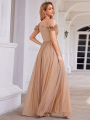 Sparkling V-Neck Cold-Shoulder Pleated Evening Dress with Floral Details