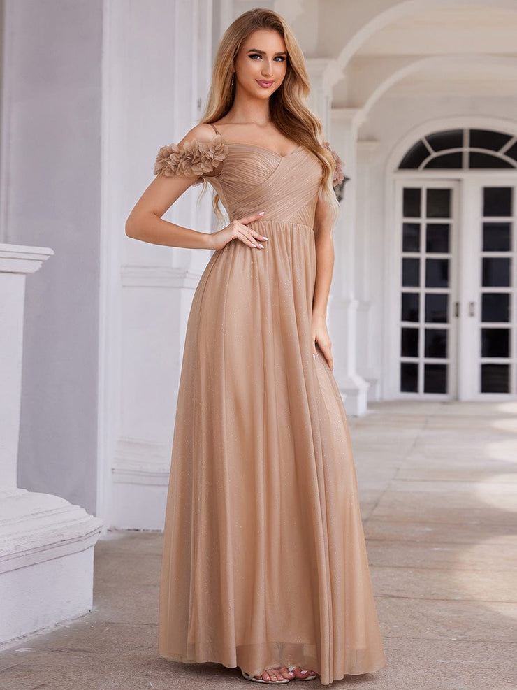 Sparkling V-Neck Cold-Shoulder Pleated Evening Dress with Floral Details