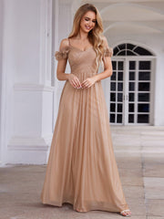 Sparkling V-Neck Cold-Shoulder Pleated Evening Dress with Floral Details