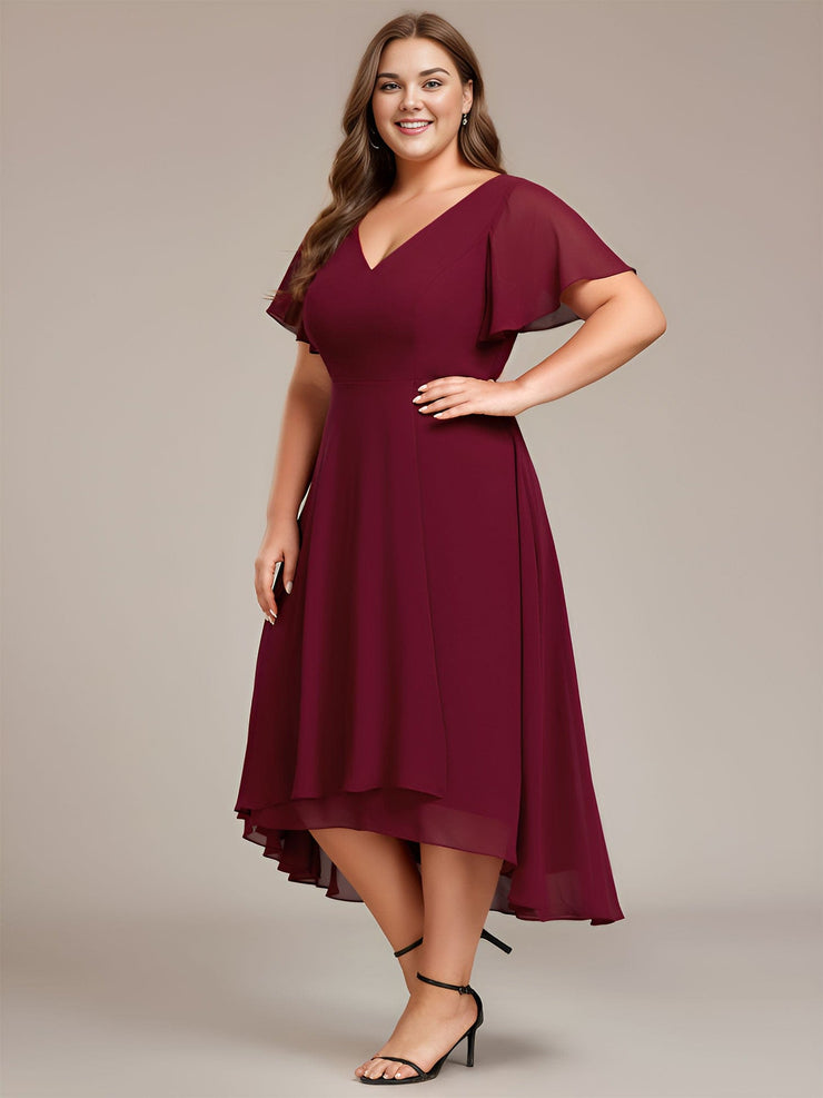 Plus Size High Low Chiffon Wedding Guest Dress with V-Neck and Ruffle Sleeves