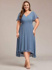 Plus Size High Low Chiffon Wedding Guest Dress with V-Neck and Ruffle Sleeves