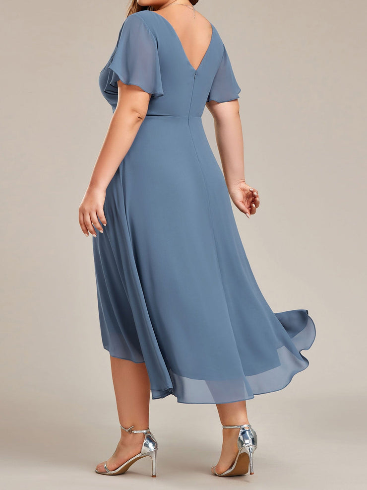 Plus Size High Low Chiffon Wedding Guest Dress with V-Neck and Ruffle Sleeves