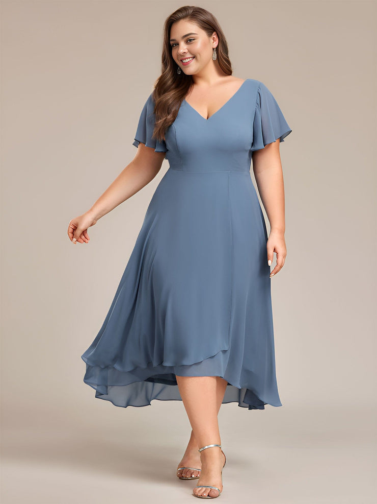 Plus Size High Low Chiffon Wedding Guest Dress with V-Neck and Ruffle Sleeves