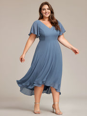 Plus Size High Low Chiffon Wedding Guest Dress with V-Neck and Ruffle Sleeves