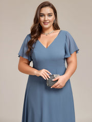 Plus Size High Low Chiffon Wedding Guest Dress with V-Neck and Ruffle Sleeves