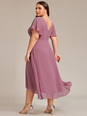 Plus Size High Low Chiffon Wedding Guest Dress with V-Neck and Ruffle Sleeves